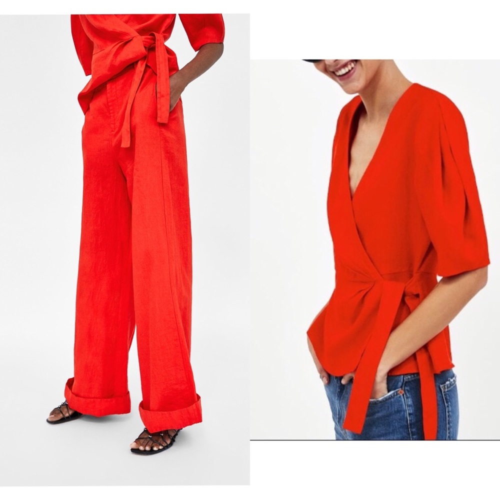 Zara red linen pants and blouse